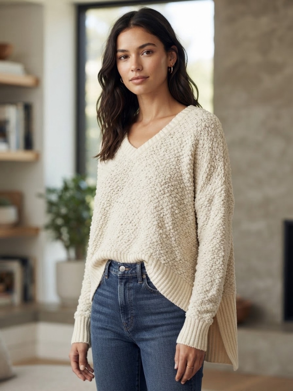 POL Cream Boucle Popcorn Chunky Knit Sweater V-Neck Cropped High Low Medium